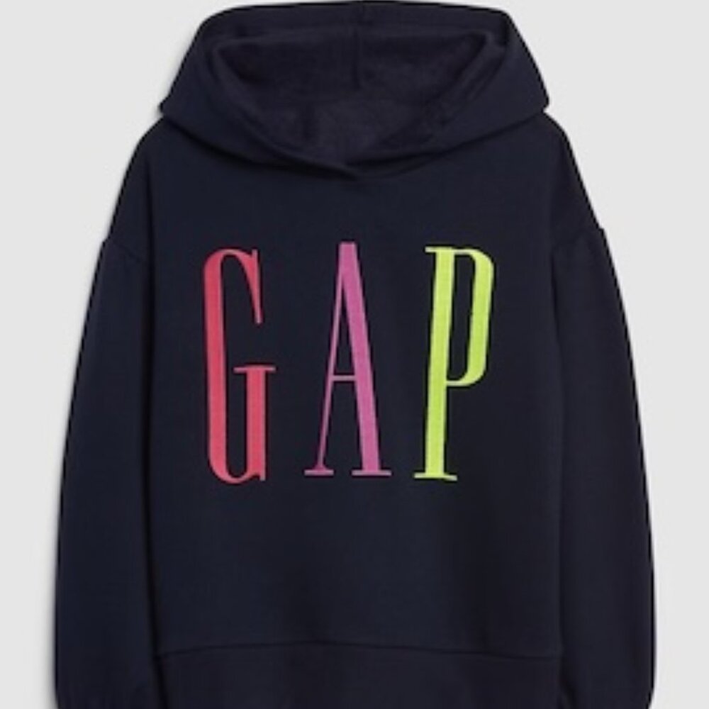 Kids Navy Blue Gap Logo Hoodie with Multicolor Lettering. Size Small (6-7)